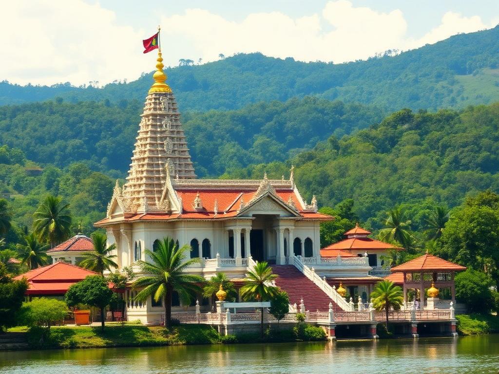 Placeholder image: Kandy temple beside the lake with green hills behind