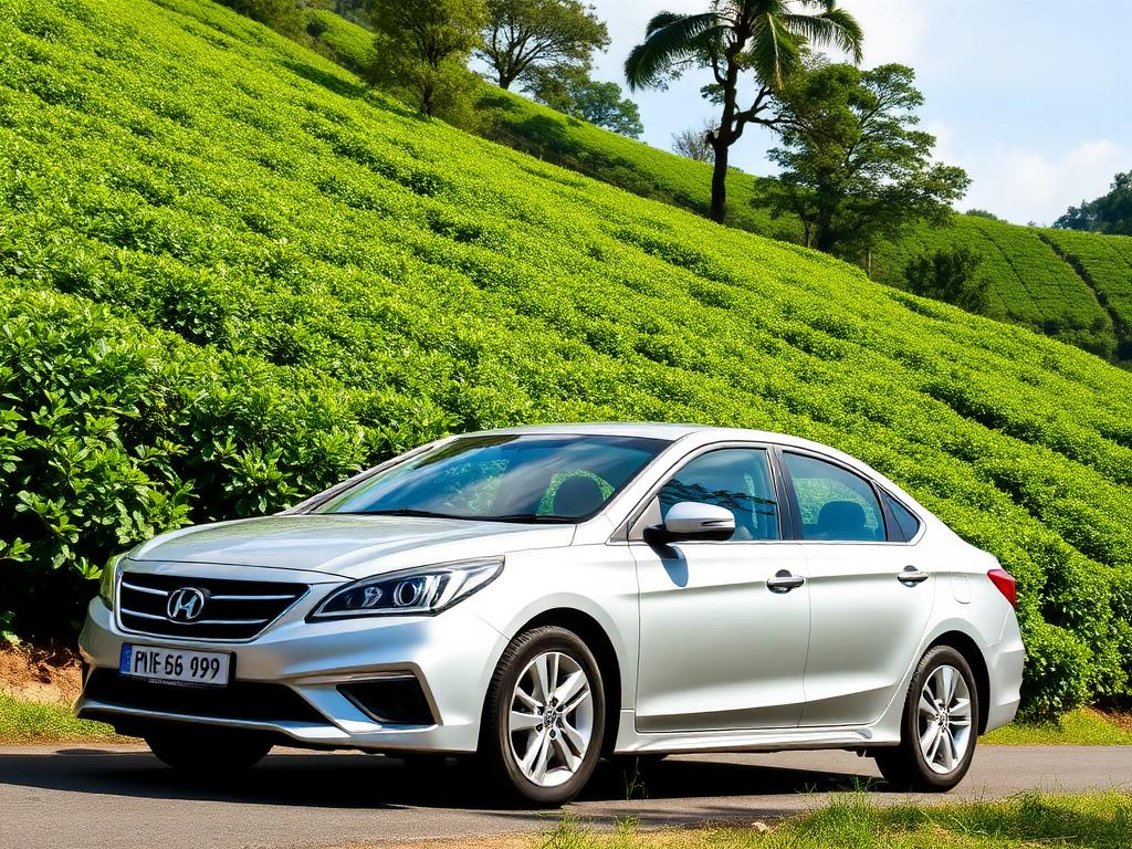 Placeholder image: mid-range silver sedan car on a green tea plantation road in Sri Lanka